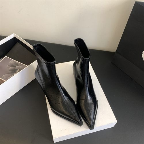 法式尖头小短靴女粗跟气质瘦瘦靴