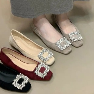 低跟气质浅口粗跟通勤女鞋 羊皮版 女2025新款 水钻方头单鞋 子 法式