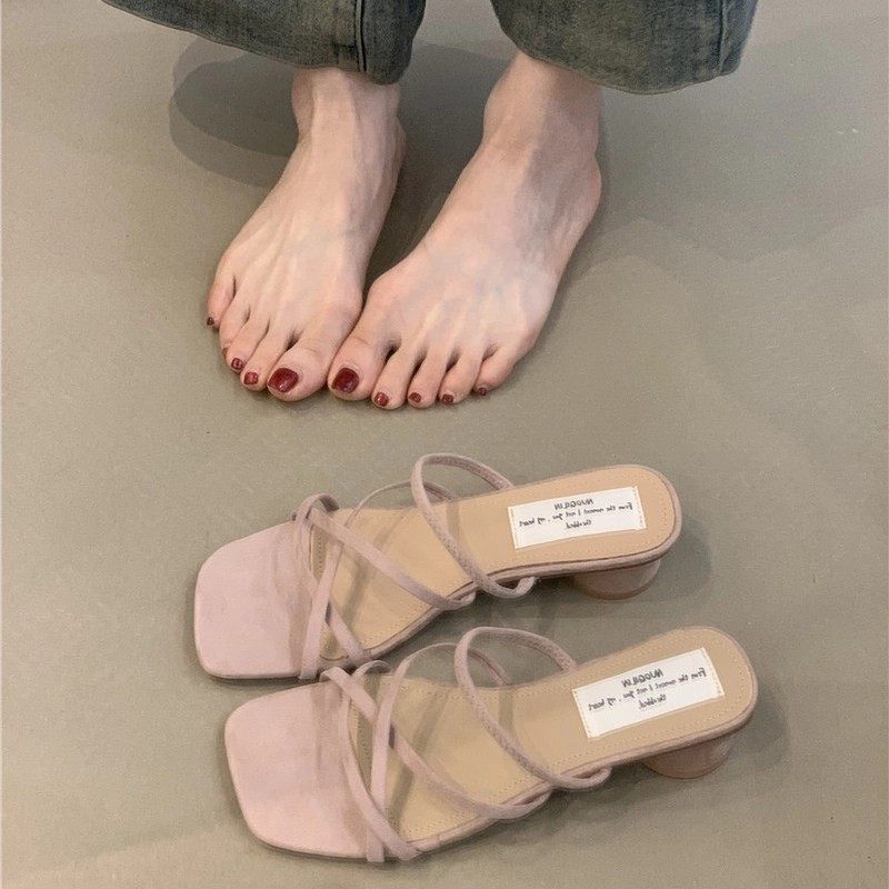 羊皮版！法式温柔粗跟凉拖鞋女外穿方头露趾一字拖交叉细带罗马鞋,女鞋,一字拖,淘宝优惠券,粉丝福利购,淘宝优惠卷