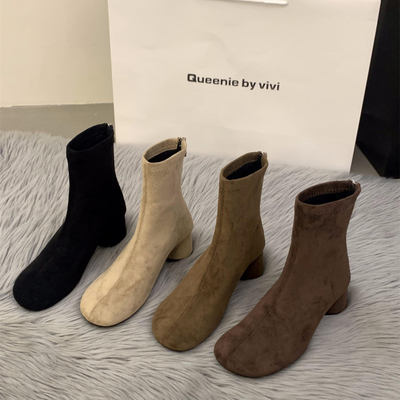 高跟复古绒面瘦瘦短靴女