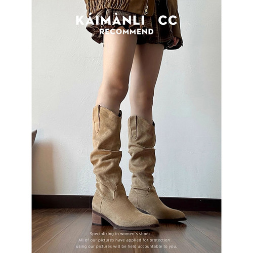 复古尖头不过膝长筒靴女