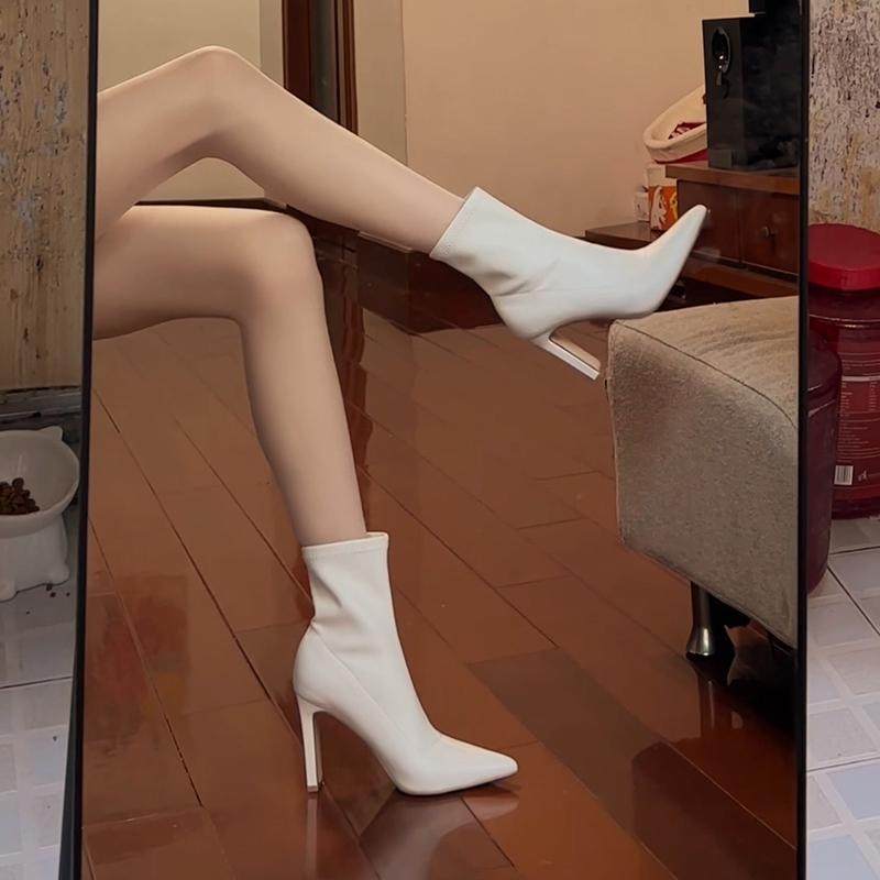 米白色高跟短靴女加绒2024冬季新款高跟鞋粗跟尖头女靴弹力瘦瘦靴,女鞋,弹力靴/袜靴,淘宝优惠券,粉丝福利购,淘宝优惠卷