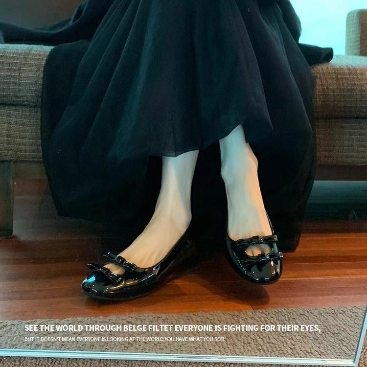 法式小个子内增高平底单鞋女春秋浅口蝴蝶结芭蕾鞋方头玛丽珍女鞋