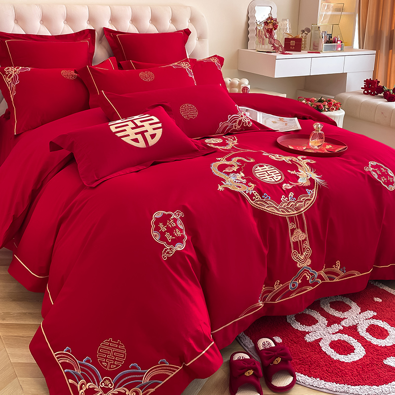 高档大红色婚庆四件套中式龙凤刺绣被套床单新房喜被结婚床上用品