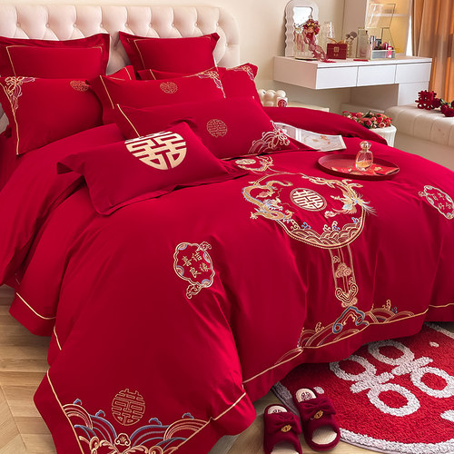 高档大红色婚庆四件套中式龙凤刺绣被套床单新房喜被结婚床上用品