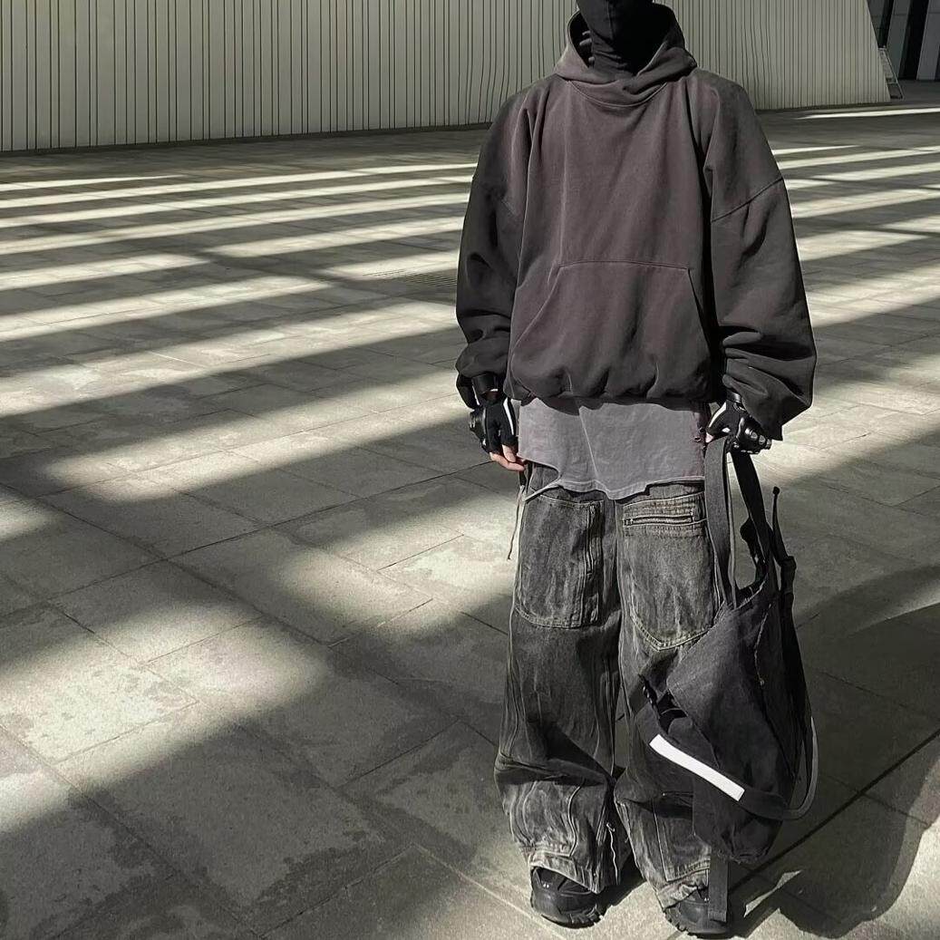 kanye侃爷纯色宽松重磅帽衫美式高街黑色短款连帽卫衣男秋季情侣
