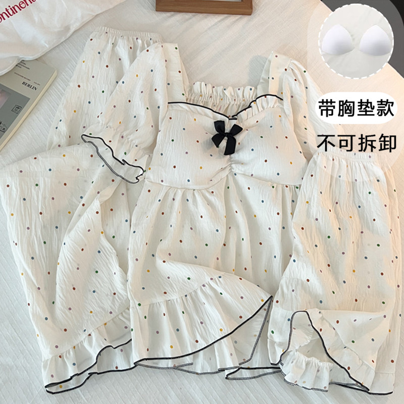 带胸垫云朵棉睡衣女夏季短袖长裤短裤家居服休闲三件套装可外穿