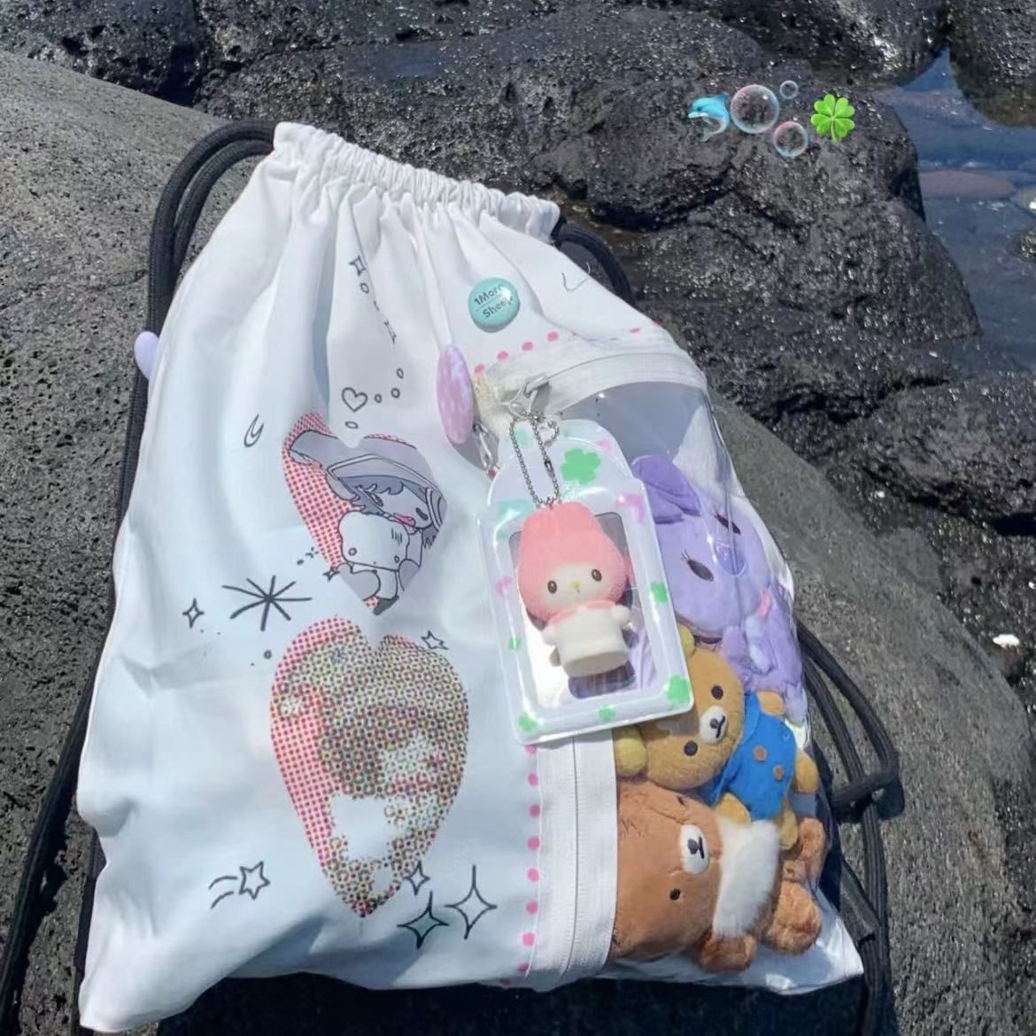 抽绳束口可爱印花双肩布包女学生