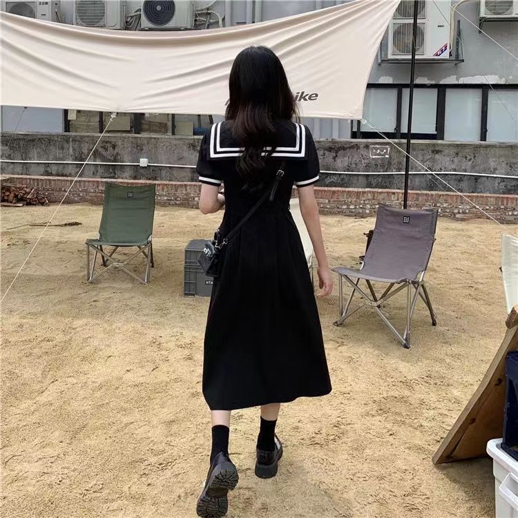 日系复古学院风海军领连衣裙收腰显瘦V领法式初恋泡泡袖大码短裙
