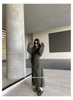 绿色polo领衬衫连衣裙子女2025开秋季浅秋系穿搭职业收腰气质长裙