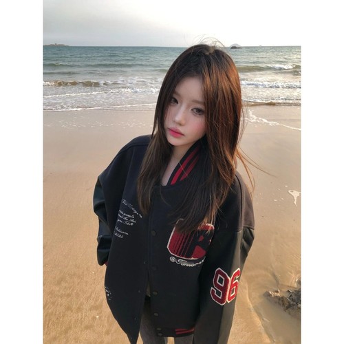 【夹棉加厚 毛呢夹克】美式复古棒球服女秋季徽章拼接撞色