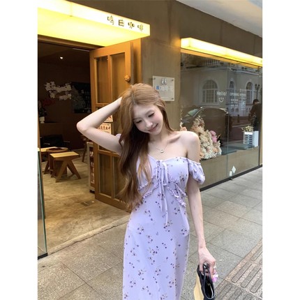 法式碎花短袖连衣裙女2025夏季新款气质收腰显瘦泡泡袖茶歇长裙子