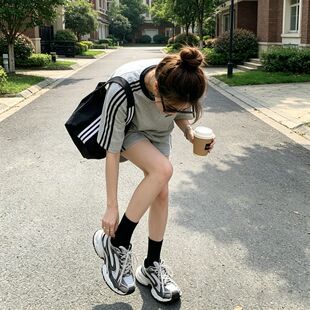 美式复古休闲运动服套装女款夏季韩版学生休闲宽松短袖短裤两件套