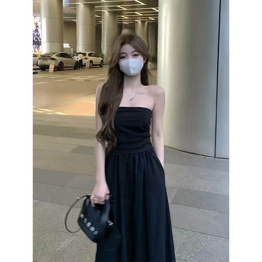 辣妹褶皱抹胸连衣裙女装时尚气质a字裙收腰显瘦中长裙子A字打底裙