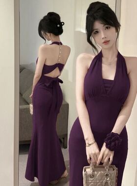 纯欲性感紫色挂脖吊带连衣裙女露背连衣裙后妈修身包臀长裙礼服