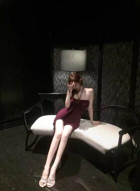 【梅子果酱】古早一字肩挂脖抹胸连衣裙女紫色无袖显身材a字短裙