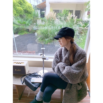 皮毛一体羊羔毛外套女秋冬季慵懒风灰色环保皮草毛茸茸大衣中长款