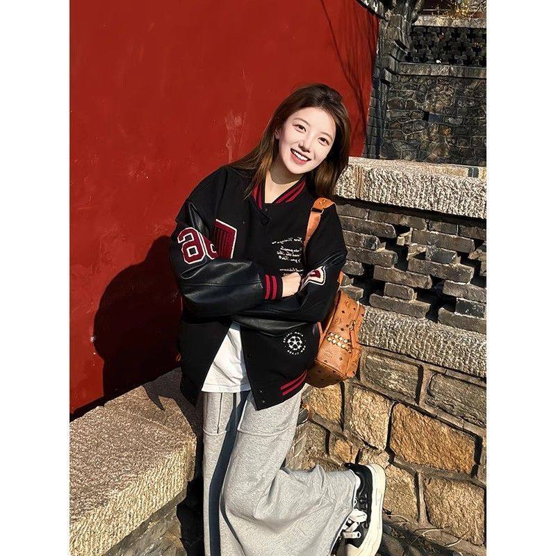 【夹棉加厚 毛呢夹克】美式复古棒球服女秋季徽章拼接撞色