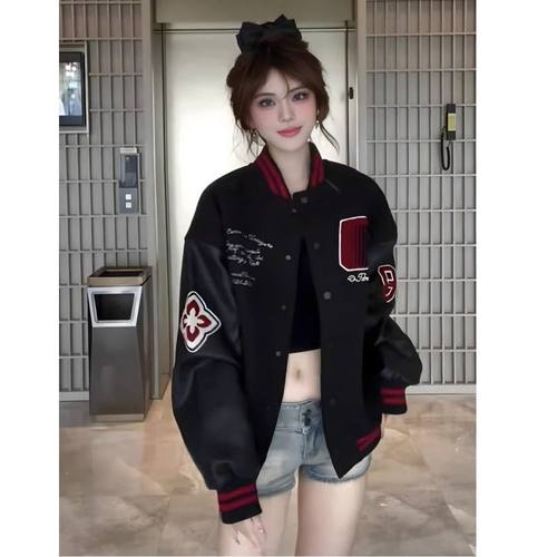 【夹棉加厚 毛呢夹克】美式复古棒球服女秋季徽章拼接撞色
