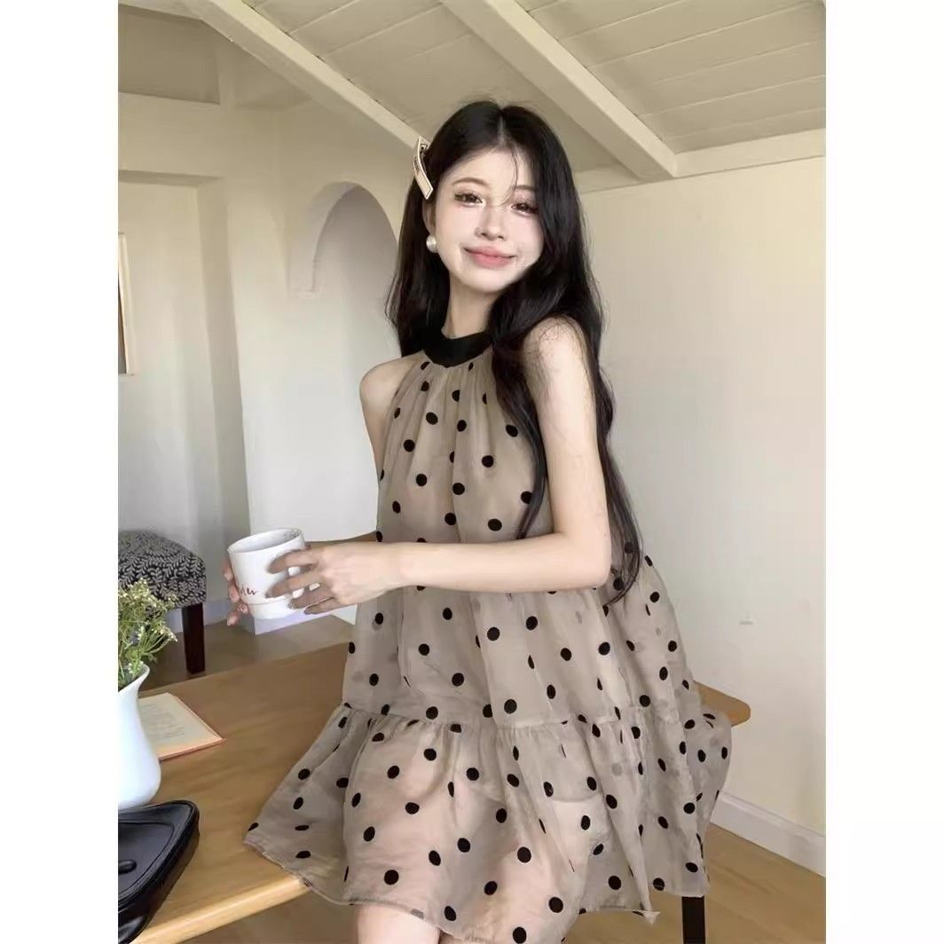 洋气波点撞色蝴蝶结挂脖连衣裙女春季2025新款小个子宽松显瘦短裙