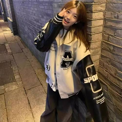 美式加棉复古棒球服外套女冬季新款翻领刺绣情侣立领夹克宽松外套