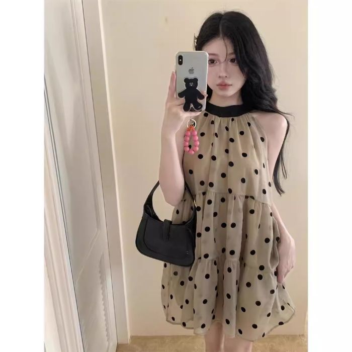 洋气波点撞色蝴蝶结挂脖连衣裙女春季2025新款小个子宽松显瘦短裙