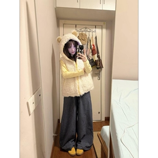 可爱熊耳朵连帽羊羔毛夹棉马甲女秋冬新款坎肩背心毛绒马夹外套
