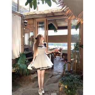 少女风白色波点连衣裙2025新款 法式 蝴蝶结甜美收腰吊带公主裙短裙