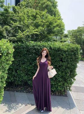 设计感紫色初恋韵味褶皱吊带连衣裙女装夏季气质百搭修身显瘦长裙