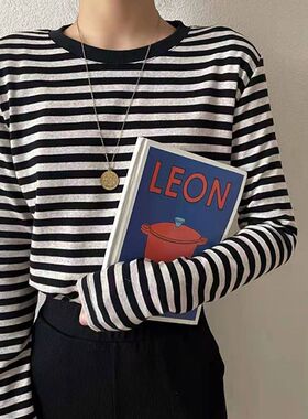 3303官图260克彩棉条纹长袖T恤女2025年新款内搭打底衫春秋