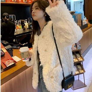 小香风刷花兔毛外套女2026冬季新款小个子宽松加棉毛毛上衣棉服