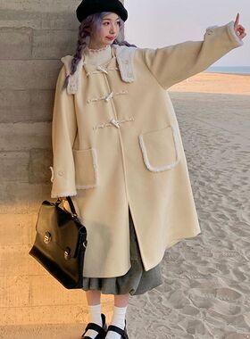 加绒霍里德地图高级感超好看外套秋冬奶黄色牛角扣中长款呢子大衣