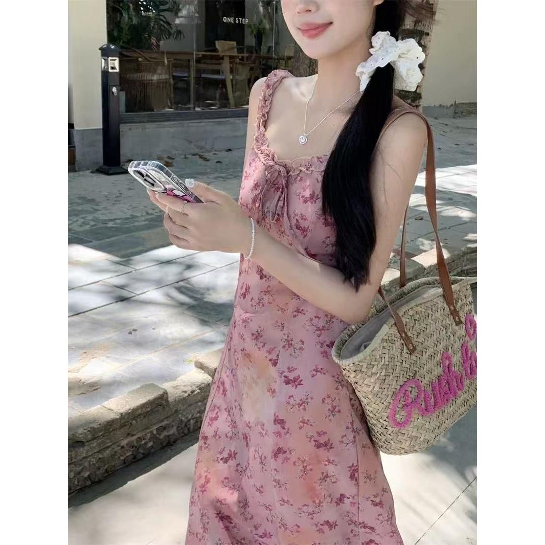 法式茶歇碎花吊带连衣裙女2025夏季甜美海边度假风沙滩裙长裙子