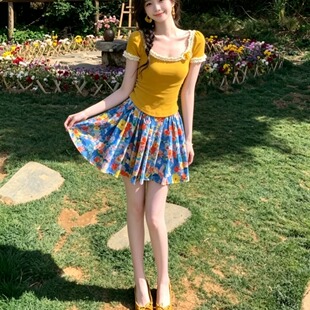 巨好看夏装一整套小个子纯欲甜美短袖上衣碎花半身短裙两件套装女