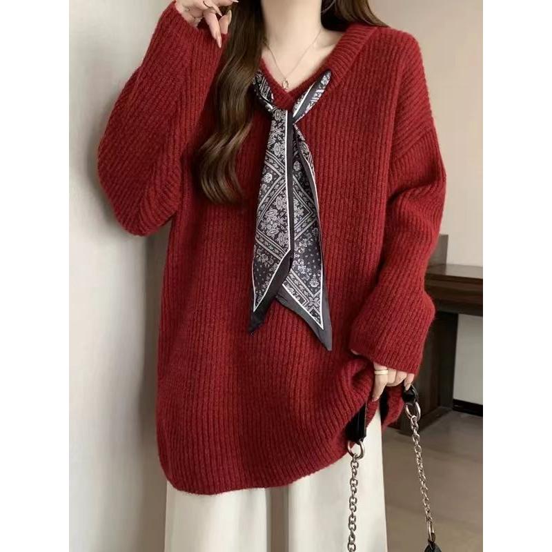 大码宽松V领毛衣女秋季胖mm显瘦洋气中长款高级感针织打底衫上衣