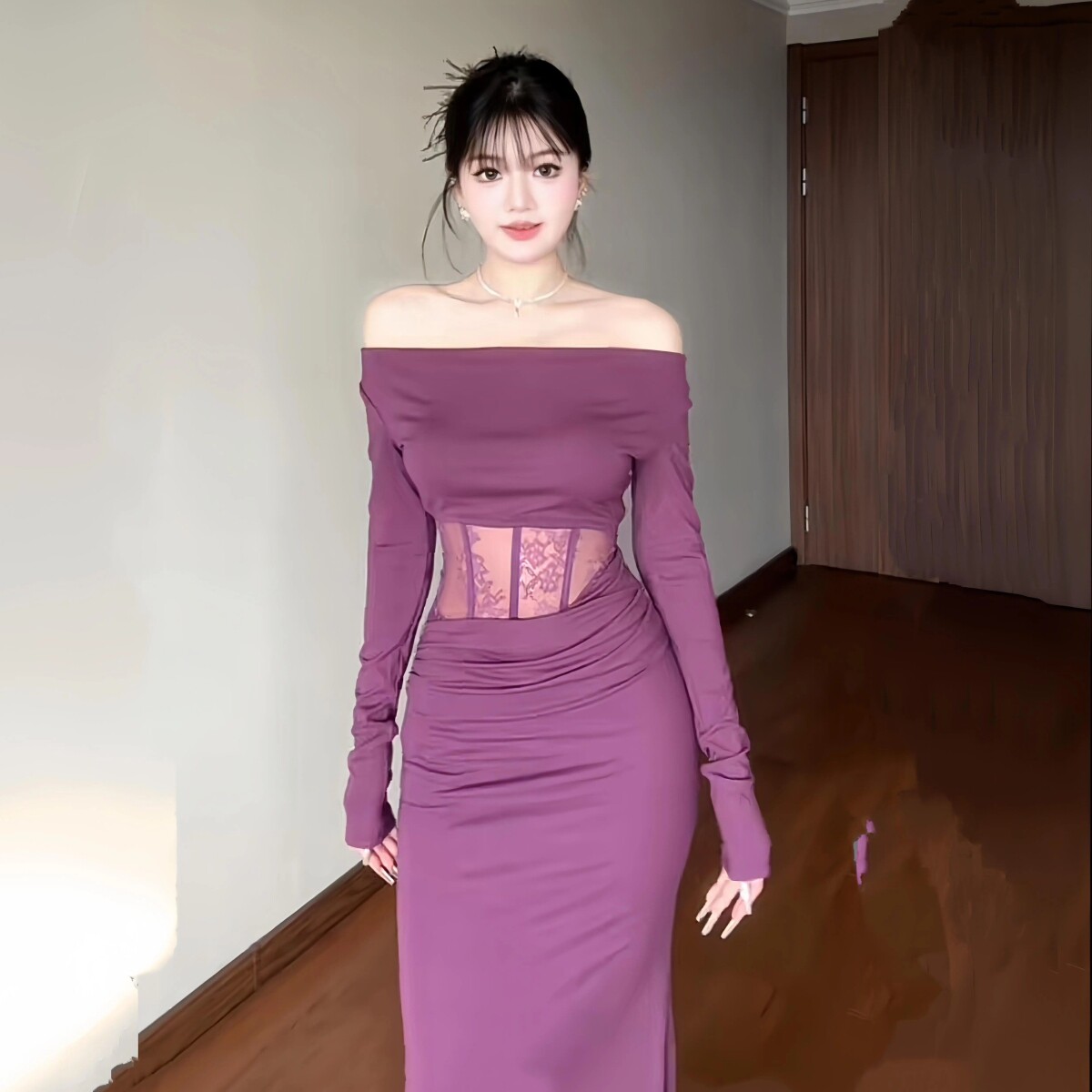 蕾丝拼接紫色荡领长袖连衣裙女冬季显身材鱼尾裙子纯欲风包臀长裙
