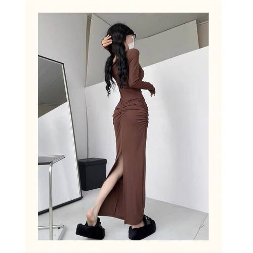 纯欲性感辣妹低领修身显瘦褶皱打底裙后开叉包臀裙长袖鱼尾连衣裙