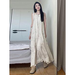 新中式轻国风裙子下摆流苏气质吊带宽松清冷感禅意连衣裙海边度假