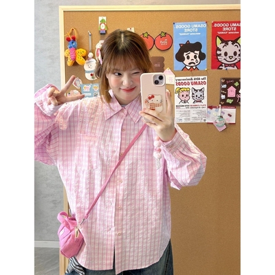 韩系设计感小众蓝色格子衬衫女防晒外套薄款宽松春夏潮牌长袖衬衣