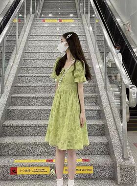 【雪纺面料】法式碎花雪纺连衣裙胖MM大码洋气减龄泡泡袖绿色连衣