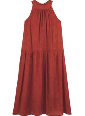 红色挂脖连衣裙大码胖mm度假风设计感后背系带宽松氛围感别致长裙