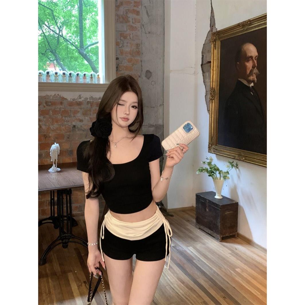 纯欲辣妹套装女短款大U领T恤夏季高腰紧身短裤热裤子休闲两件套女