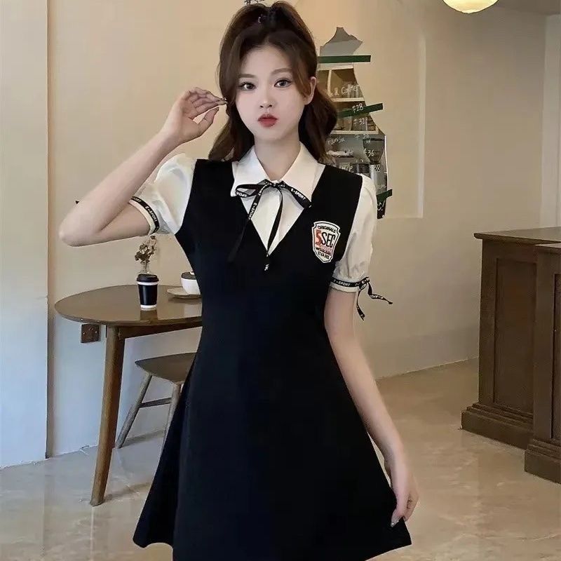 大码美式学院风撞色假两件连衣裙微胖日系JK制服polo领显瘦a字裙