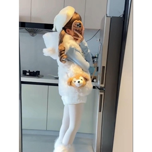 环保兔毛白色连帽夹棉马甲背心女秋冬加厚保暖羊羔绒小熊耳朵