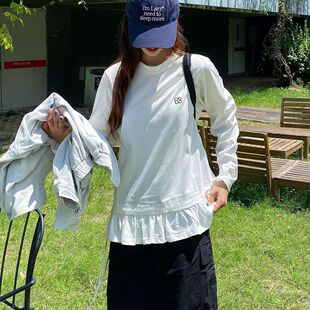 95棉5氨纶学院风白色长袖t恤女早秋春季花边下摆设计感打底衫