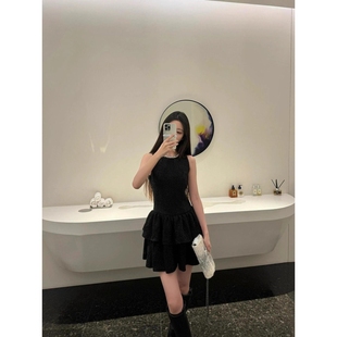 小香风黑色背心挂脖连衣裙女夏小个子气质收腰显瘦生日蛋糕裙 法式