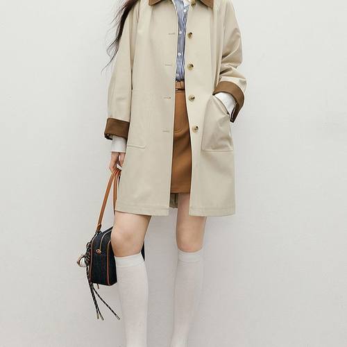 日系卡其风衣秋2025新款女装巴恩松弛感显瘦撞色翻领中长外套