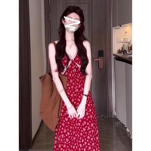 2025新款 海边度假红色碎花吊带连衣裙子女夏季 小个子气质长裙