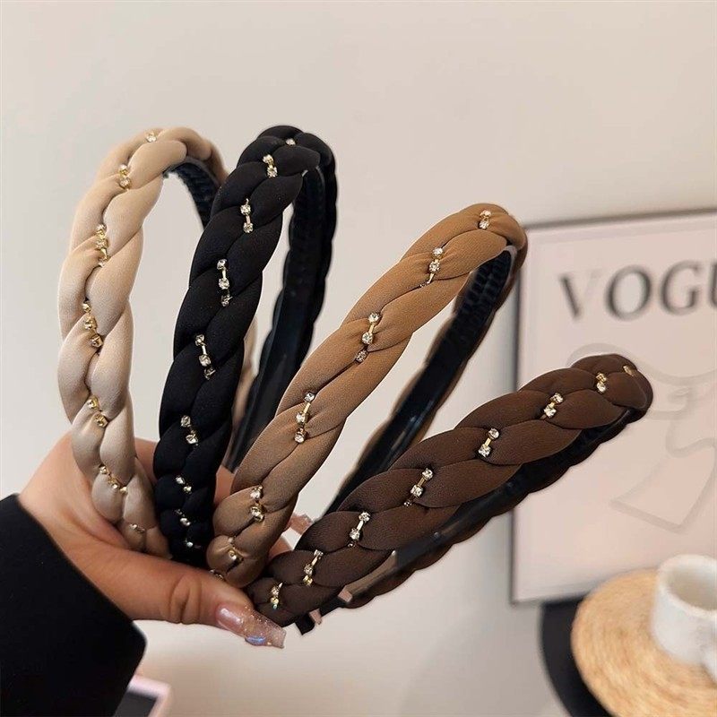 气质高颅顶黑色麻花发箍精致绢纱发夹女带齿防滑金珠链条发箍