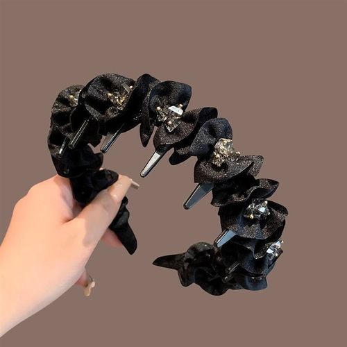 褶皱水钻网纱发箍女蝴蝶结高颅顶显脸小带齿发箍网红减龄黑色发夹
